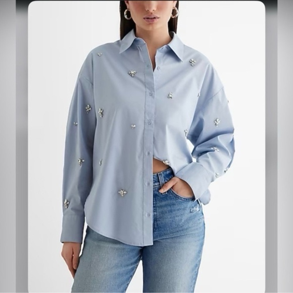 Express Jewel Poplin Blue Top
